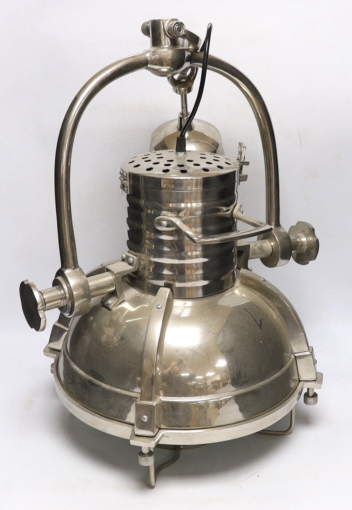 A contemporary industrial style ceiling light, approx 62cm high